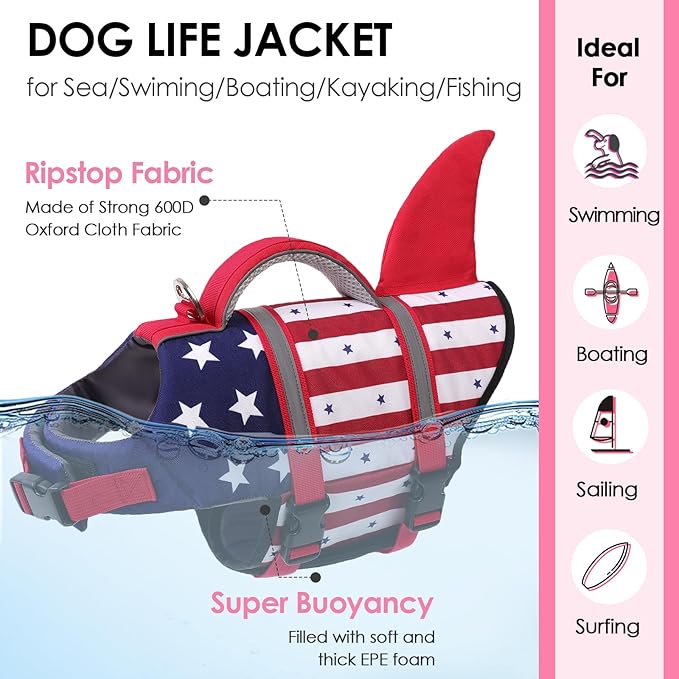 AOFITEE Dog Life Jacket, Dog Life Vest for Swimming, Shark Dogs Swimming Vest with Rescue Handle and Reflective Stripe, Ripstop Pet Float Coat Swimsuit Lifesaver Small Medium Large Dogs Blue L