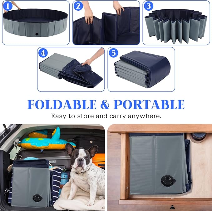 Foldable Dog Pool, Portable Pet Bath Tub and Kiddie Swimming Pool, Collapsible Bathtub for Puppies, Small, Medium and Large Dogs, Cats and Kids, 63 x 12 in, Gray