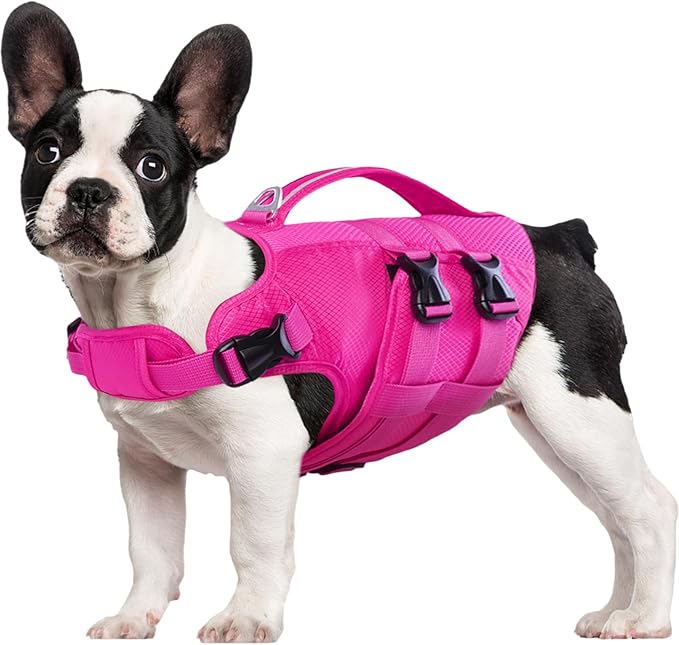 Kuoser Dog Life Jacket, Large Dog Water Vest for Swimming Boating, Reflective Doggie Swimming Vest Pet Life Preserver with Rescue Handle, Rosered L