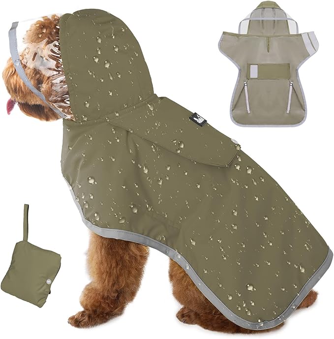 Lukovee Dog Raincoat - Lightweight Hooded Dog Rain Coat for Large Medium Small Dogs, Adjustable Poncho Jacket with Reflective Stripes & Built-in Storage Pocket (Green, 2X-Small)