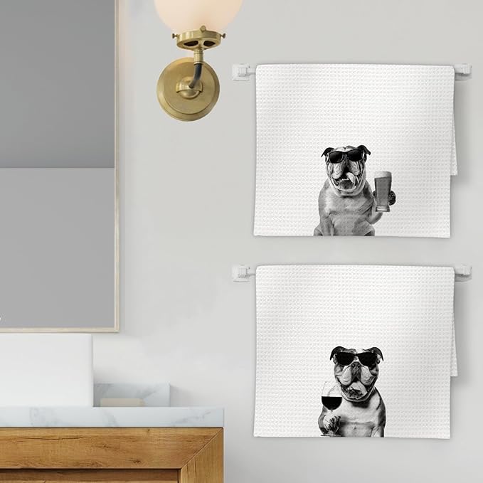 English Bulldog Gifts Wine Kitchen Towels Set of 2, Funny English Bulldog Wine Lover Decorative Hand Dish Towel for Kitchen Home Bar, Gifts for Dog Beer Lovers Home Bar Cart Decor(16x24Inch)