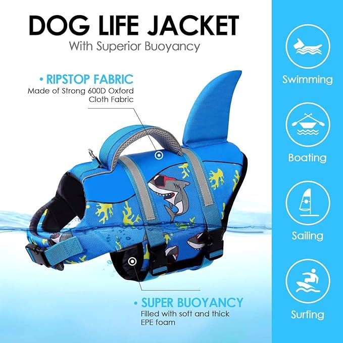 AOFITEE Dog Life Jacket, Shark Dog Life Vest for Swimming Boating, High Flotation Pet Lifesaver with Rescue Handle, Reflective French Bulldog Lifejacket, Swim Vest for Small Medium Large Dogs, M