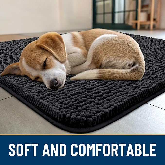 Smiry Dog Door Mat for Muddy Paws 45x27, Absorbs Moisture and Dirt Doormat, Non-Slip Washable Quick Dry Chenille Front Door Mat Indoor Entrance, Entryway Carpet for Inside Floor, Black