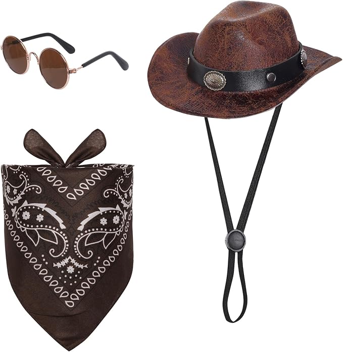 Cowboy Costume Set for Small Dog Cat Pet Mini Cowboy Hat Sunglasses with Bandana for Halloween Holiday Party Cosplay