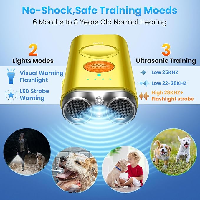 Dog Bark Deterrent Device, Anti Barking Device for Dogs Indoor Outdoor, Barks No More Dog Training Device Handheld Ultrasonic 50 Ft Range Rechargeable with Flashlight for Small Medium Large Dogs