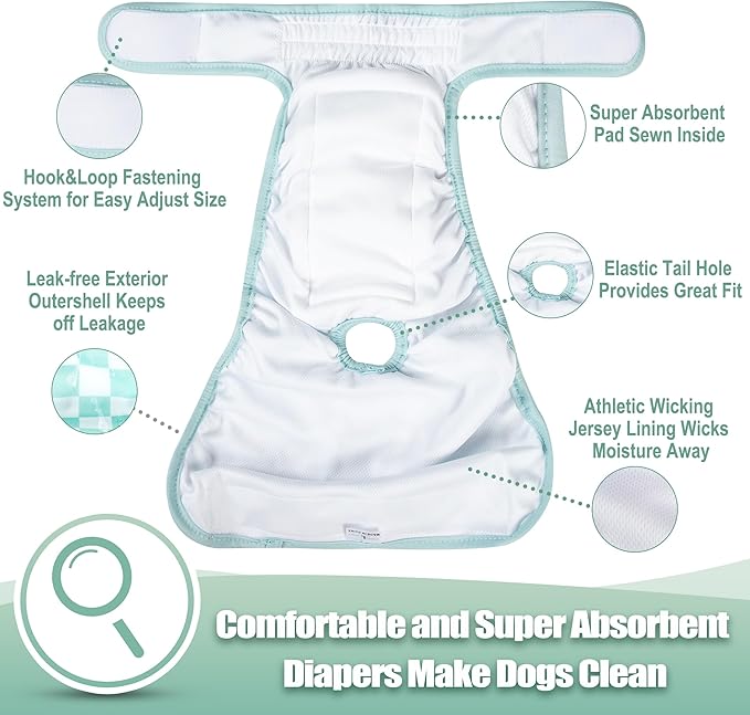 wegreeco Washable Female Dog Diapers Highly Absorbent Reusable Diapers for Dog in Heat Dog Period Diapers, 3 Pack (Checkerboard Green, Black, Coffee, Small)