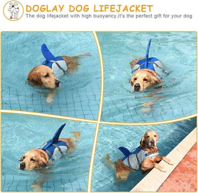 Doglay Dog Life Jacket Shark, Ripstop Dog Life Vests for Swimming Boating with High Buoyancy and Rescue Handle, Adjustable Dog Life Jacket Pet Flotation Vest for Small Medium Large Dogs