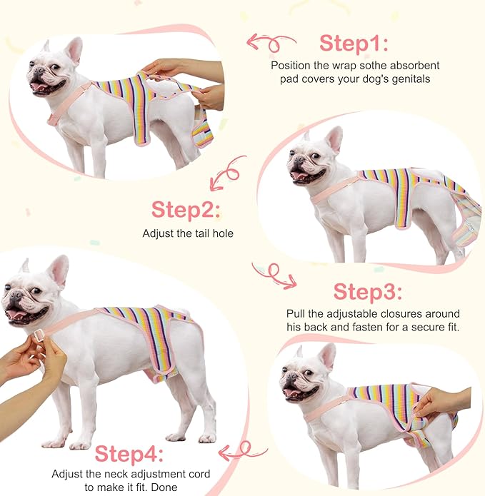 Dog Diaper Suspenders Female Striped Sanitary Pantie with Adjustable Suspenders, Washable Dog Period Panties Physiological Pants, Dog Period Onesie Pet Breathable Jumpsuits(Rainbow Pattern, L)