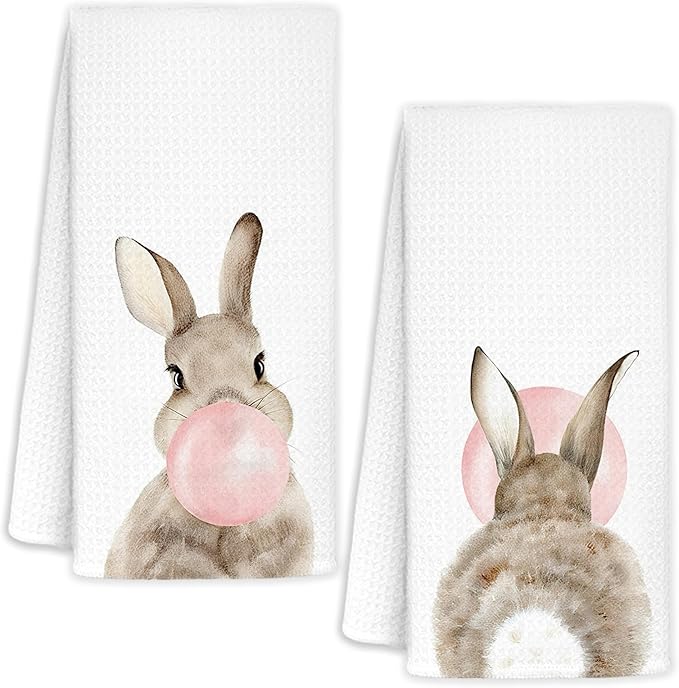 Pink Bubblegum Rabbit Bunny Kitchen Dish Towels Set of 2, Bunny Gifts for Women Girls, Kids Bathroom Decor, Rabbit Gifts Hand Tea Towels for Kitchen Bathroom Decor, 16x24 Inch