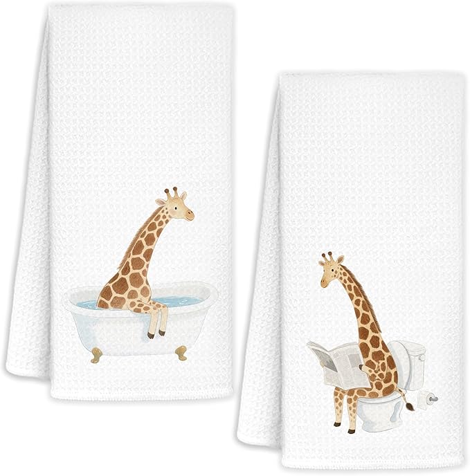 Funny Giraffe Bathroom Hand Towels Set of 2, Kids Bathroom Decor, Giraffe Gifts for Women Kids, Wild Animal Hand Towels for Bath Room Washroom Toilet, 16x24 Inch