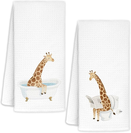 Funny Giraffe Bathroom Hand Towels Set of 2, Kids Bathroom Decor, Giraffe Gifts for Women Kids, Wild Animal Hand Towels for Bath Room Washroom Toilet, 16x24 Inch