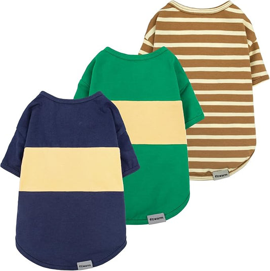 Fitwarm 3 Pack Color Block Striped Dog Shirt, Summer Dog Clothes for Small Dogs, Breathable Lightweight Dog Tshirt, Pet Outfit, Navy Blue, Sea Green, Brown, Medium