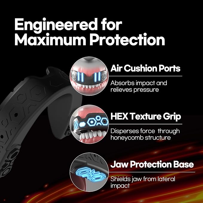 GOHEX Sports Mouthguard for Adults – Shock-Absorbing Mouth Guard with Chin Guard for All Contact Sports, Boxing, Lacrosse, Football, Hockey, MMA, and Martial Arts (Black)