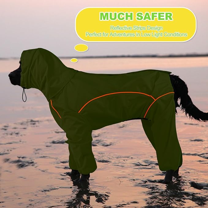 Dog Raincoat, Waterproof Dog Rain Jacket with Removable Hood，Adjustable 4 Legs Pet Poncho with Leash Hole，Reflective Stripe Hooded Snowproof Windproof Clothes for Small to 3X-Large Dogs, 2XL