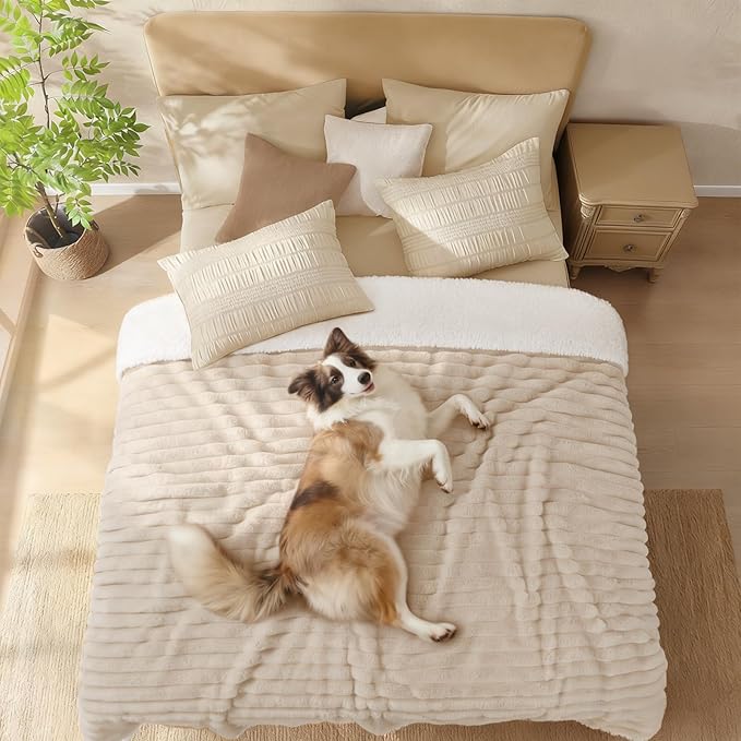 Luciphia Waterproof Dog Blanket for Large Dogs Ultra-Soft Calming Cut Pile Flannel Throw Durable & Warm Furniture Protection for Couch Bed Pet Blanket Machine Washable Soft White,L(65''x57'')