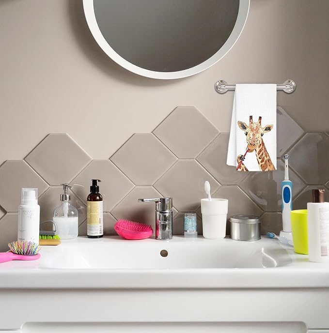 Funny Giraffe Bathroom Hand Towels, Giraffe Gifts for Kids, Kids Bathroom Decor, Brushing Teeth Wild Animal Hand Towels for Bath Room Washroom Toilet, 16x24 Inch