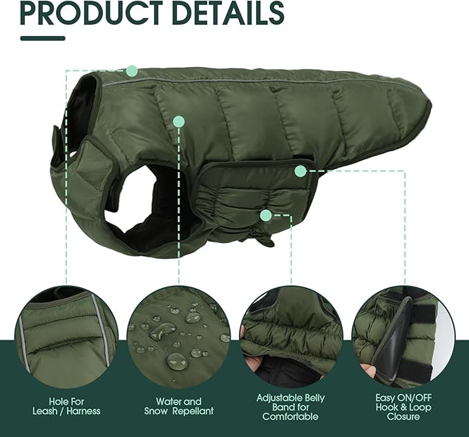 Kuoser Dog Puffer Jacket Warm Dog Coat for Small Medium Dogs, Windproof Reflective Pet Padded Vest Cold Weather Clothes Puppy Snowsuit with Hook & Loop Coats, Easy On/Off, Green M
