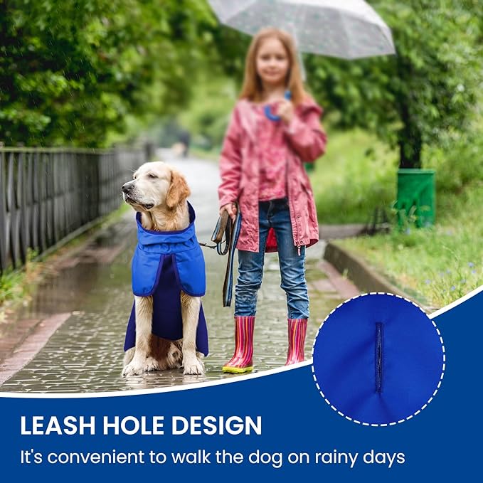 BRKURLEG Dog Raincoat Adjustable Dog Rain Jacket with Hood Dogs Waterproof Rainproof Jacket with Leash Hole Pet Poncho Rain Coat Poncho with Reflective Strip, Blue, M