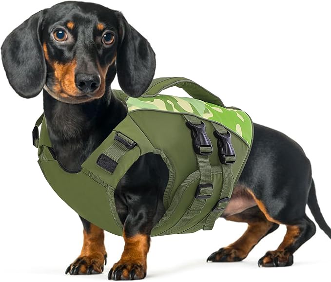 Queenmore Small Dog Life Jacket,Small Dog Life Vest for Swimming,Adjustable Reflective Dogs Swimming Vest,High Buoyancy Dogs Lifesaver,Pet Life Preserver(Green Camouflage,S)