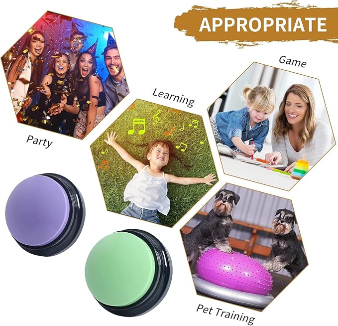 Voice Recording Button, 30 Second Record Button for Dog Pet Interactivity, Gift for Friend, Family, 4 Color Purple, Green, Yellow, Pink
