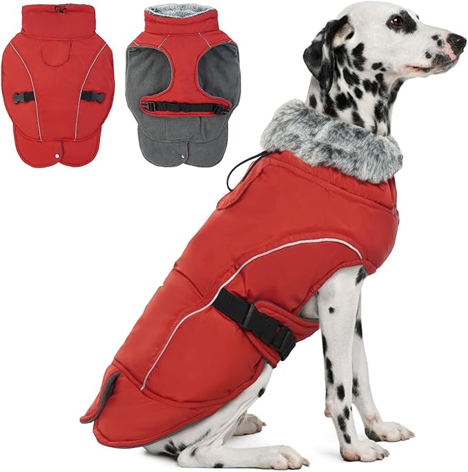 DENTRUN Winter Warm Dog Coat Reflective Jacket with Turtleneck for Cold Weather, Adjustable Buckle Windproof Water Repellent, Thick Snowsuit Fleece Vest for Small, Medium, Large Dogs, Red, XXL