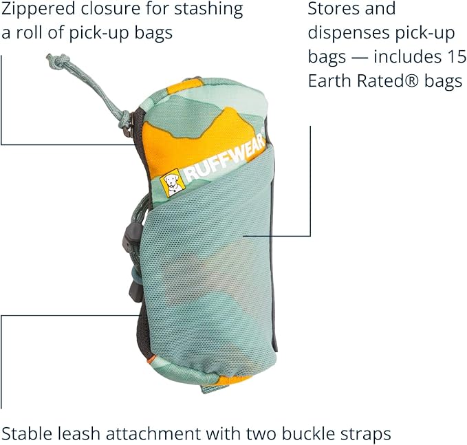 Ruffwear, Stash Bag Mini Dog Poop Bag Holder, Compact Leash Pouch with 2-Strap Attachment, Zip Pocket Fits Standard Roll, Side Slot, Grippy Starter Pad, Cinch Poop Loop, Mesh Pocket, Spring Mountains