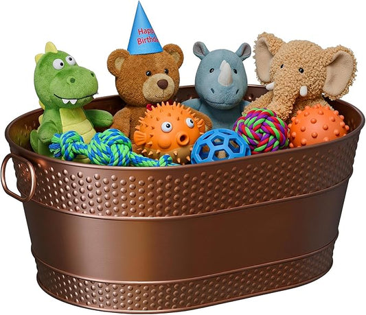Indestructible Metal Dog Toy Bin: Copper Pet Toy Storage Basket for Living Room Area, Sturdy Chew Proof Puppy Toy Box with Handle, Large Capacity 25-Quart (1 Pack, Copper, Oval)