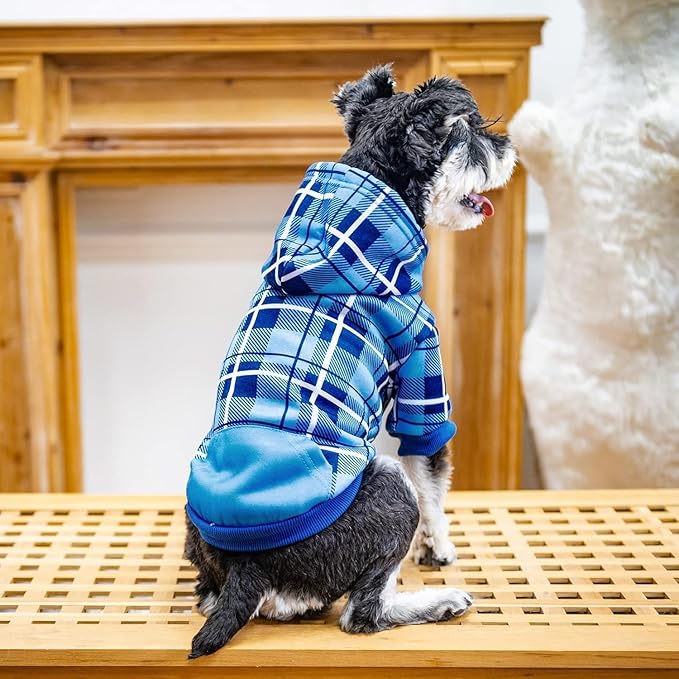 EXPAWLORER Plaid Dog Hoodie - British Style Warm Dog Sweater Shirt with Leash Hole,Pitbull Clothes Outfits,Winter Coat Apparel for All Breeds Puppy Girl Boy-Cat Apparel,Blue S-Medium