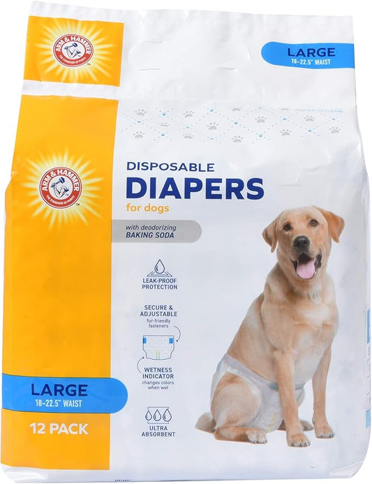 Arm & Hammer for Pets Disposable Female Dog Diapers with Odor Control and Wetness Indicator, Leak Resistant Dog Diapers for Incontinence and Heat Cycles, Size Large 18–23 in Waist, 12 Count