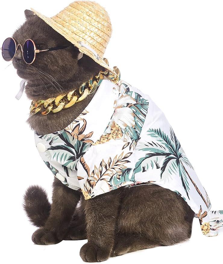 Hawaiian Dog T Shirts Pet Summer Clothes Cat Sunglasses Funny Straw Hat Kitten Costumes with Gold Chain Collar (Medium,White)