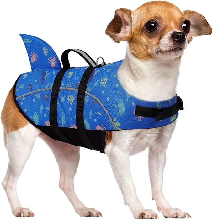 Queenmore XS Small Dog Shark Life Jacket, BluePrints, Polyester, Neoprene, Adjustable, Reflective, Summer, Swimming, Pool, Lake, Boat, Fishing Boat