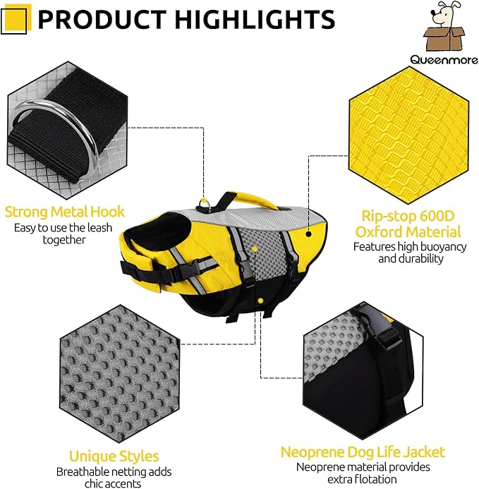 Queenmore Dog Life Jacket Swimming Vest Small Medium Dogs Neoprene Life Vest Lightweight Reflective Dog Lifesaver for Boating Kayaking Yellow,XS