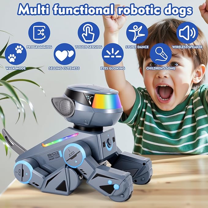 Smart Robot Dog Toys for Kids-Interactive Programmable RC Puppy with LED Eyes,Music & Dance,Touch & Voice Control,USB Rechargeable Robotic Pet,Gifts for Boys & Girls Ages 3-12 (Grey)