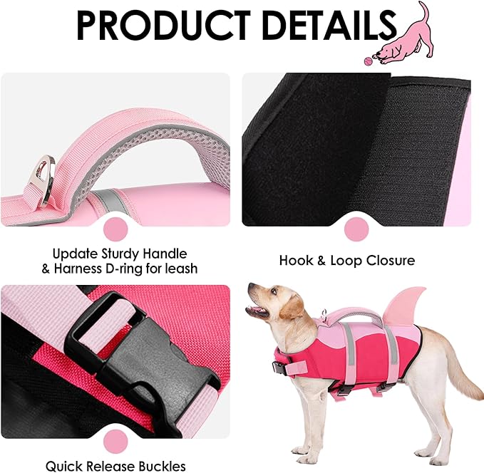 AOFITEE Dog Life Jacket, Dog Life Vest for Swimming, Shark Dogs Swimming Vest with Rescue Handle and Reflective Stripe, Ripstop Pet Float Coat Swimsuit Lifesaver Small Medium Large Dogs Pink S