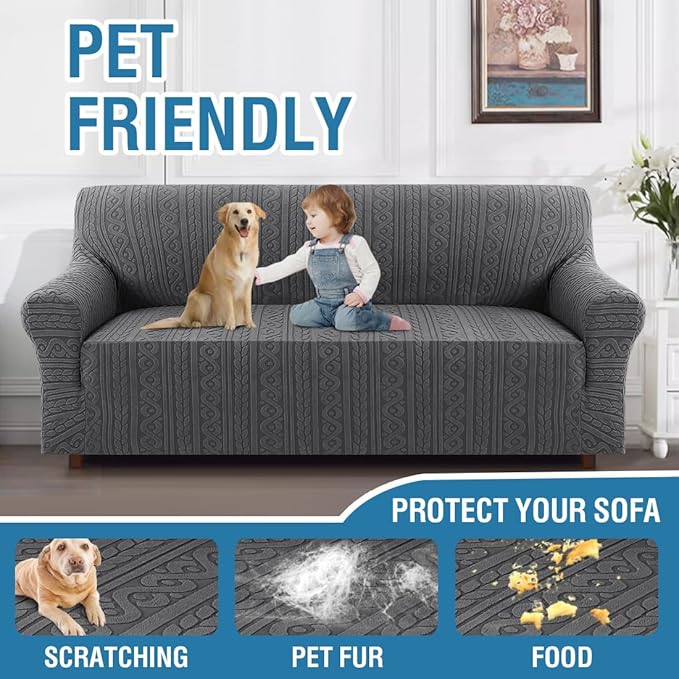 H.VERSAILTEX Jacquard Couch Covers for 3 Cushion Couch 1 Piece Stretch Sofa Covers Furniture Protector Anti-Slip Soft Thickened Dogs Slipcovers Washable Spiral Pattern(Sofa, Grey)