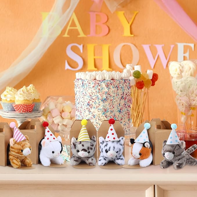 20 Set Cat Stuffed Animals Bulk with Birthday Hats Kraft Paper Boxes Mini Plush Toys Small Stuffed Kittens Adopt Pet Gift for Adoption Event Animal Theme Birthday Party (Lying Cat)