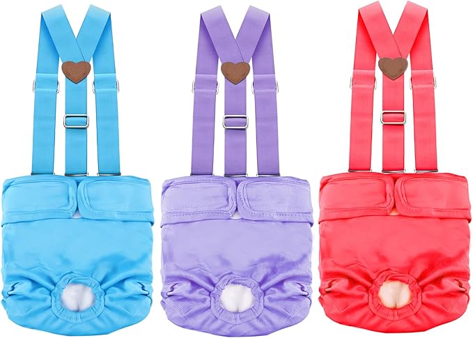 3 Pack Washable Female Dog Diaper with Suspender,Reusable Fixed Doggie Diapers Super Absorbent Leakproof for Dog in Heat Cycle - XL