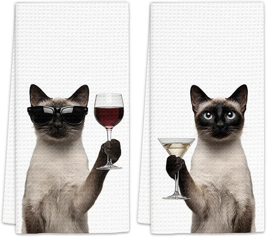 Siamese Cat Gifts Wine Kitchen Towels Set of 2, Funny Cats Martini Lover Decorative Hand Dish Towel for Kitchen Home Bar, Gift for Siamese Cat Martini Wine Lovers Home Bar Decor(16x24Inch)