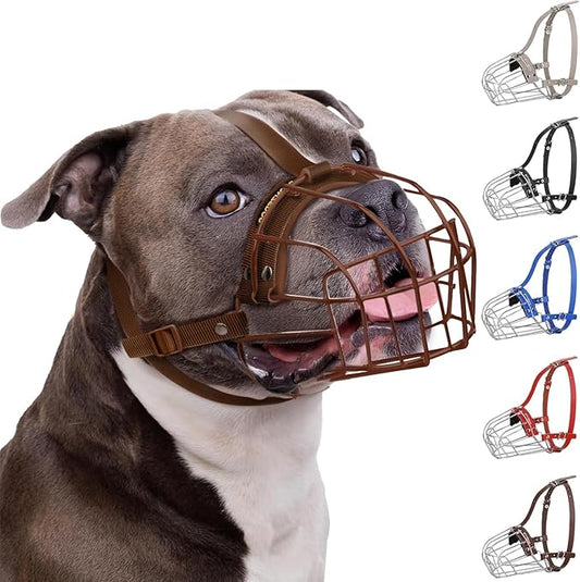 BRONZEDOG Pitbull Dog Muzzle Breathable Metal Basket for Large Dogs Amstaff Staffordshire Terrier Biting Chewing Barking (Nylon, Brown)