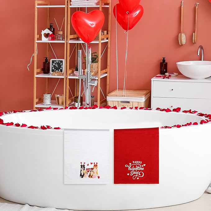 Whaline Valentine's Day Hand Towels Dog Love Heart Embroidered Cotton Bathroom Towel Absorbent Bath Towel for Hand Drying Cleaning Cooking, 29.5 x 13.7 Inch, 2Pcs