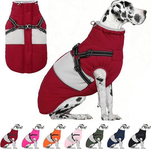 AOFITEE Dog Coat, Dog Christmas Sweater, Dogs Winter Coat with Harness Built in, Reflective Waterproof Pet Jacket with Furry Collar, Pet Snow Suit for Large Dogs, Doberman, Great Dane, XXXL