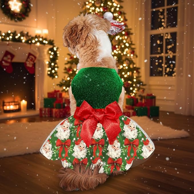 Christmas Dog Dress, Festive Holiday Pet Outfit, Shiny Green Top with Glittery Red Bow and Santa Claus Print Skirt for Boys and Girls Small Puppies