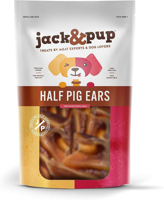 Jack&Pup Half Pig Ears for Dogs (18 Pack) - All Natural Single Ingredient Pigs Ears Halves - Premium Dog Ear Treat - Dog Chew Treats for Large and Small Breeds