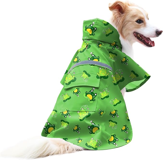 DELIFUR Large Dog Raincoat - Waterproof Dog Rain Poncho Adjustable Double Layer Rain Jacket with Hood for Medium Large Dogs Designed with Leash Hole Reflective Strip(Green Frog, XXX-Large)