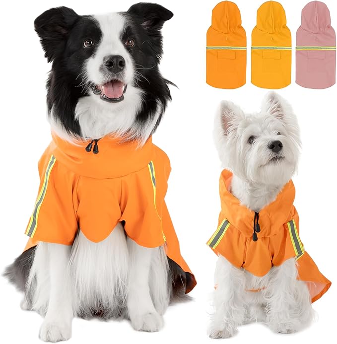 Dog Raincoat, Waterproof Windproof Dog Rain Jacket Adjustable, Rain Coat with Leash Hole, Reflective Strap Raincoat Poncho for Small Medium Large Dogs Outdoor (Reflection-Orange, XS)