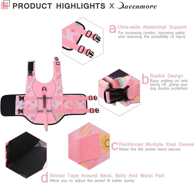 Queenmore Dog Life Jacket High Flotation, Reflective Dog Life Vests for Swimming, Adjustable Dog Life Preserver Rescue Handle Spring Summer Pool for Small, Medium, Large Dogs (Pink Ice Cream,XXL)