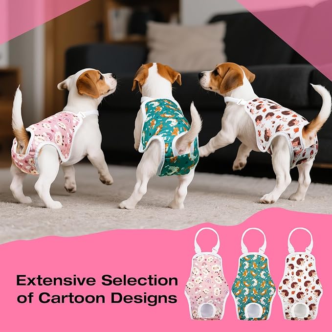 3 Pack Washable Female Dog Diapers with Adjustable Suspender, Reusable Sanitary Panties for Dogs in Heat, Leak-Proof Design for Small Dogs(S, Animal)