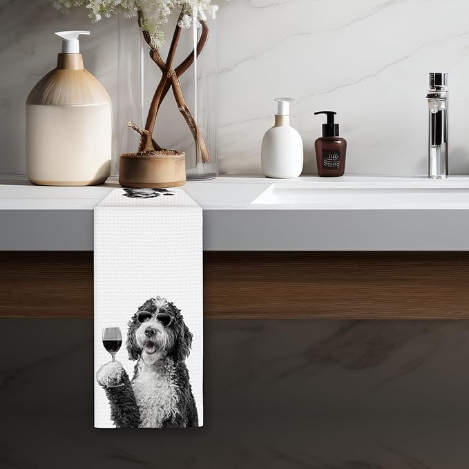 Bernedoodle Gifts Wine Dog Kitchen Towels, Gifts for Bernedoodle Dog Wine Lovers Decorative Hand Dish Towel for Kitchen Home Bar, Funny BernedoodleDog WineLover Home Bar Kitchens Decor(16x24In)