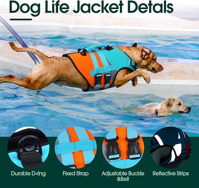 Kuoser Dog Life Jacket with Rescue Handle, High Flotation Dogs Swim Vest with Reflective Strips,Adjustable Dog Life Vest for Swimming, Boating, Pool&Beach, Doggy Lifejacket for Small Medium Large Dogs