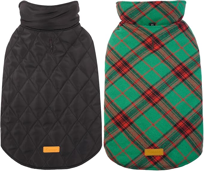 Kuoser Warm Dog Coat, Waterproof Dog Jacket for Extra Large Dogs, Adjustable Durable XXL Doggie Winter Coat Reversible Puppy Cold Weather Apparel from Small to Large Breed, Christmas Green XXL